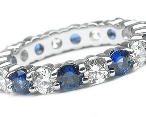 Platinum Shared-Prong 10 Round Cut Diamonds, 1.20ct. tw.  & 10 Round Cut Blue Sapphires, 1.45ct. tw.