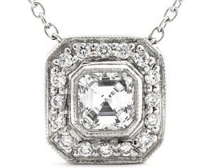 Platinum Bezel-Set Necklace, 1 Asscher Cut Diamond in the center, 0.47ct. tw. & 16 Round Brilliant Diamonds around the bezel, 0.13ct. tw.