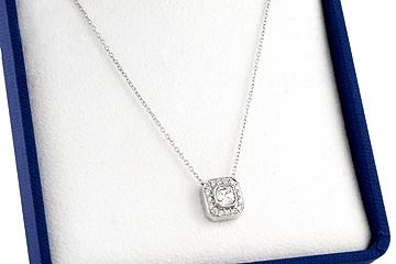 Platinum Bezel-Set Necklace, 1 Asscher Cut Diamond in the center, 0.47ct. tw. & 16 Round Brilliant Diamonds around the bezel, 0.13ct. tw.