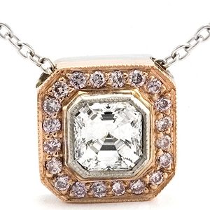 Platinum & 18K Pink Gold Bezel-Set Necklace, 1 Asscher Cut Diamond in the center, 0.48ct. tw. F-G color & 20 Round Brilliant Pink Diamonds around the bezel, 0.13ct. tw.