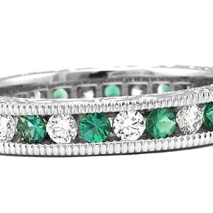 HERITAGE COLLECTION Platinum Hand-Engraved Millgrain Channel-Set Eternity Band, 14 Round Brilliant Diamonds, 0.45ct. tw.   & 14 Round Brilliant Green Emeralds, 0.44ct. tw.