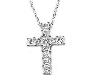 Platinum Shared Prong Set Medium Cross Necklace, 11 Princess Cut Diamonds, 1.10ct. tw.