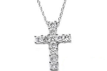 Platinum Shared Prong Set Medium Cross Necklace, 11 Princess Cut Diamonds, 1.10ct. tw.