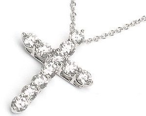 Platinum Shared-Prong Medium Cross Necklace, 11 Round Brilliant Diamonds, 1.33ct. tw.