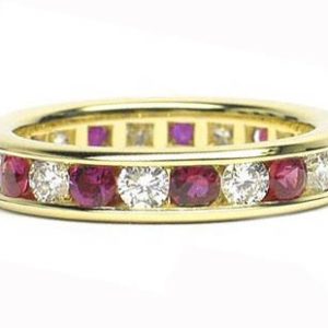 18K Yellow Gold Channel-Set 11 Round Cut Diamonds, 0.76ct. tw.  & 11 Round Cut Rubies, 0.98ct. tw.