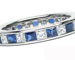 Platinum Channel-Set 13 Princess Cut Diamonds, 1.10ct. tw.  & 13 Princess Cut Blue Sapphires, 1.32ct. tw.