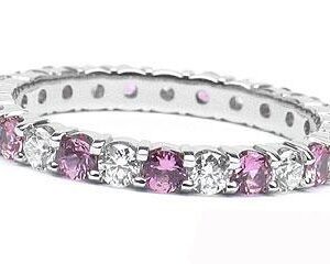 Platinum Shared-Prong 10 Round Cut Diamonds, 1.05ct. tw.  & 10 Round Cut Pink Sapphires, 1.24ct. tw.