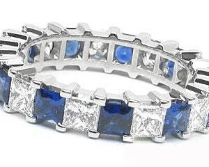 Platinum Shared-Prong 11 Princess Cut Diamonds, 1.58ct. tw.  & 11 Princess Cut Blue Sapphires, 1.89ct. tw.